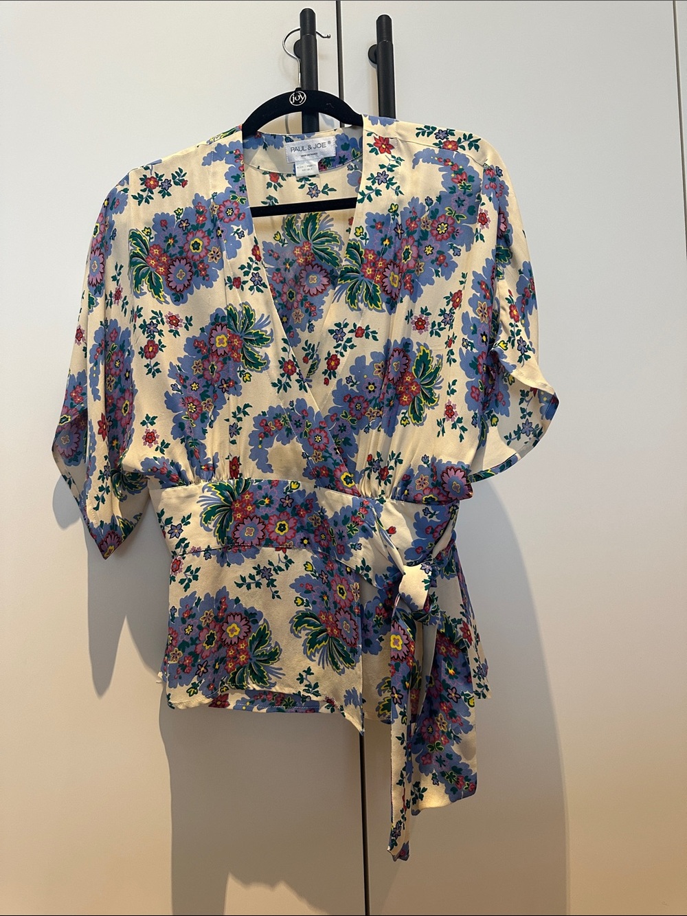 Paul & Joe Cream Floral Wrap Blouse with Blue and Purple Blooms